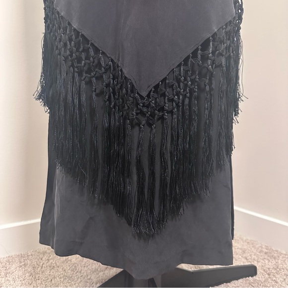 Sue Wong Vintage Black Silk Maxi Dress with Floral Embroidery & Fringe - Picture 6 of 16